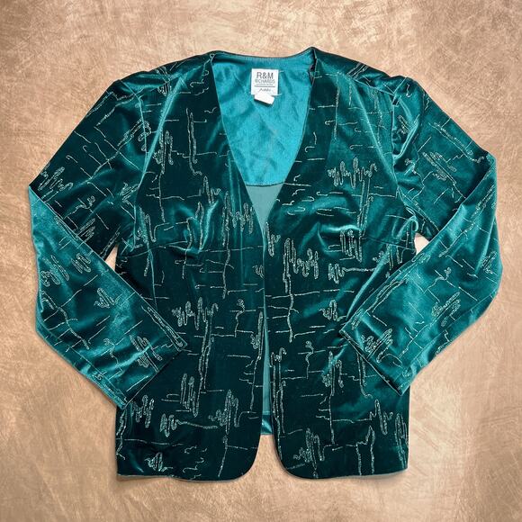 Vintage 90s R&M Richards Karen Kwong Teal Abstract Glitter Open Front Jacket - Picture 7 of 7